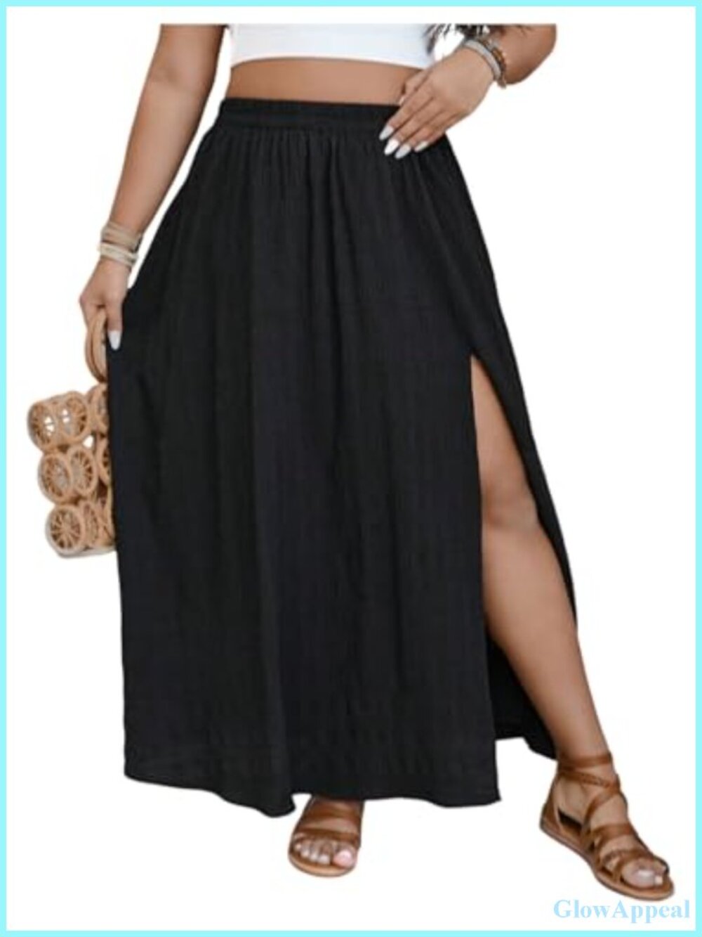 Plus Size Flowy Maxi Skirt High Waisted Boho Long Skirt with Split & Ruffle Hem